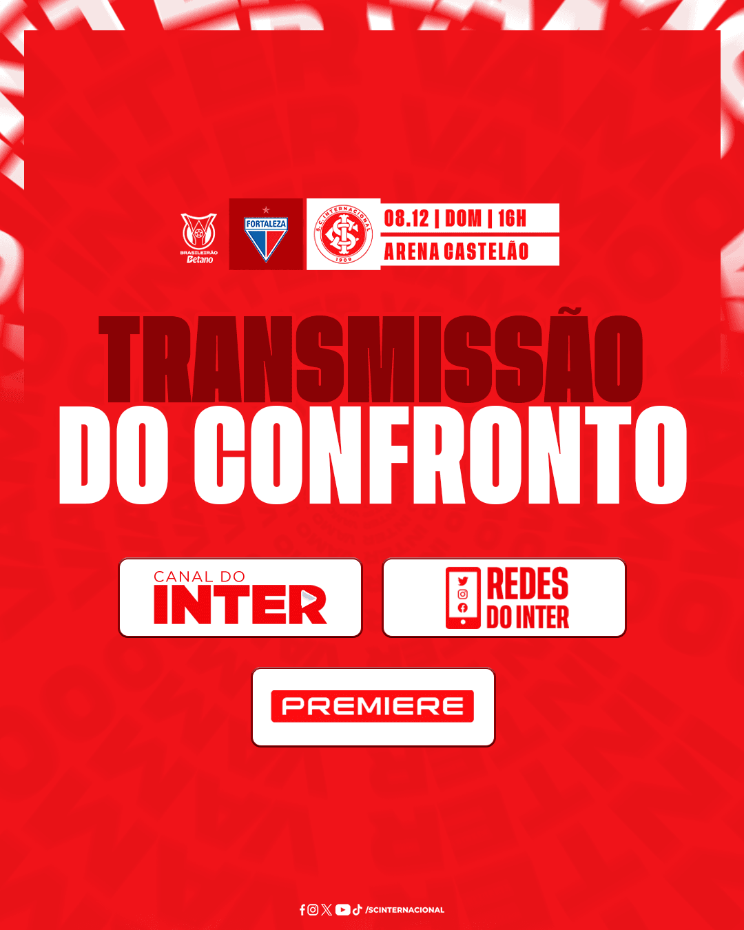 Canal do Inter e Premiere transmitem partida contra o Fortaleza pelo Brasileirão